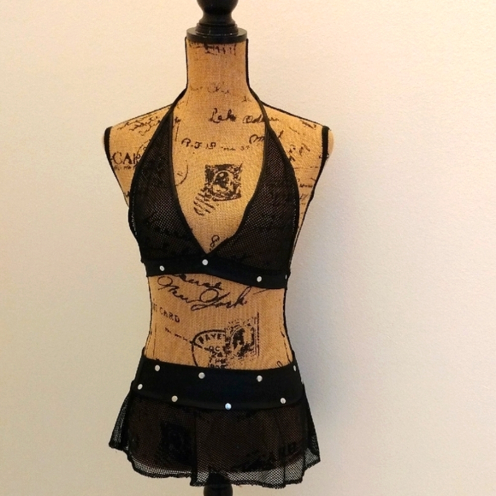 Black Mesh Halter Top with Skirt Silver Accents
